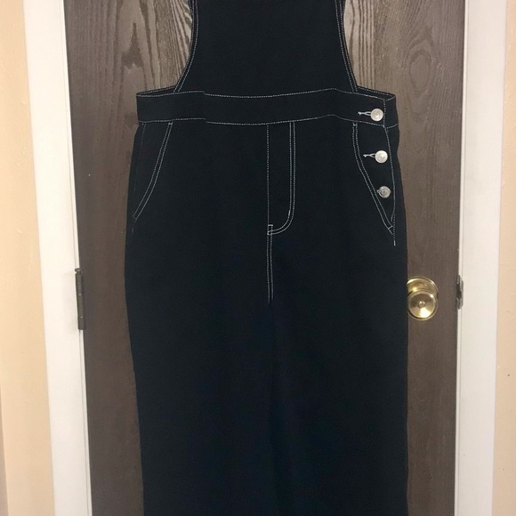 Wide Legged Black Overalls with Button Detail and White‎ Stitching - Picture 2 of 14